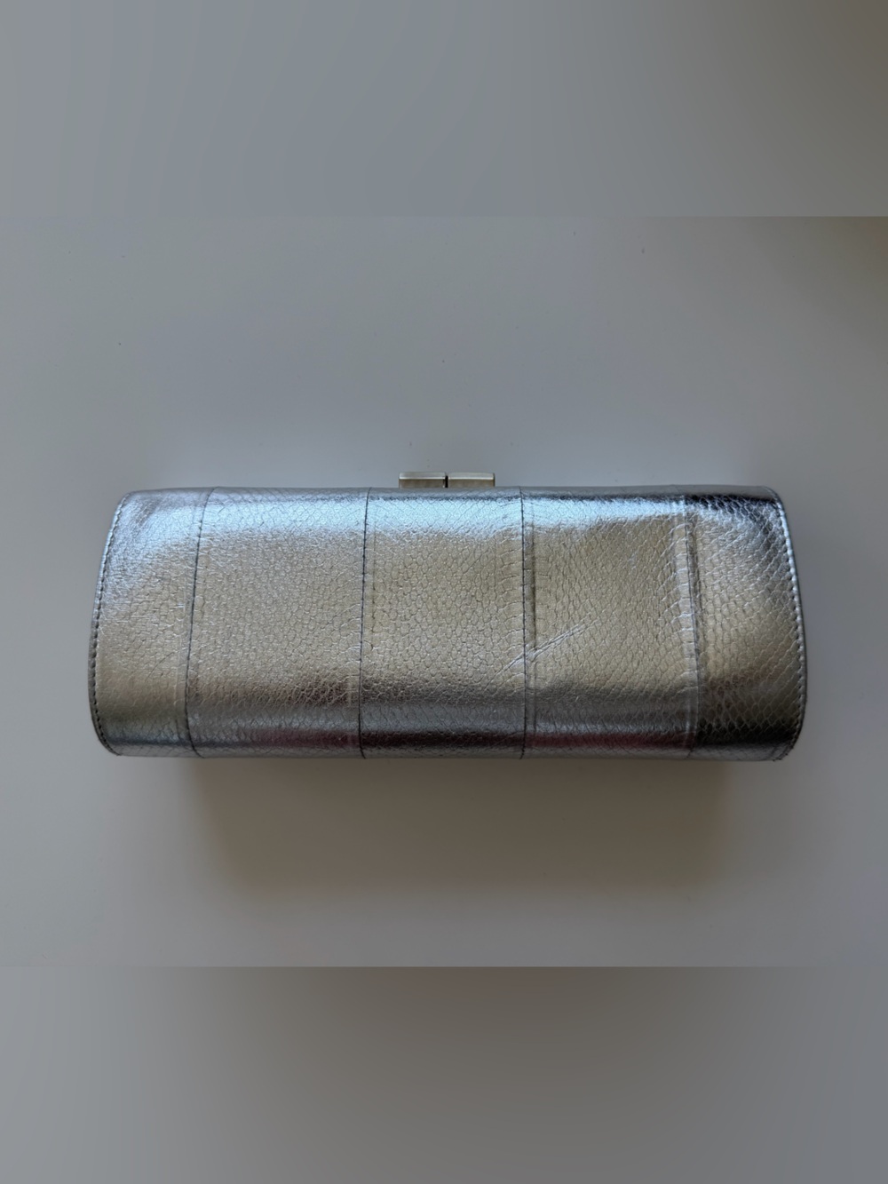 JIMMY CHOO Silver Metallic Leather Evening Clutch